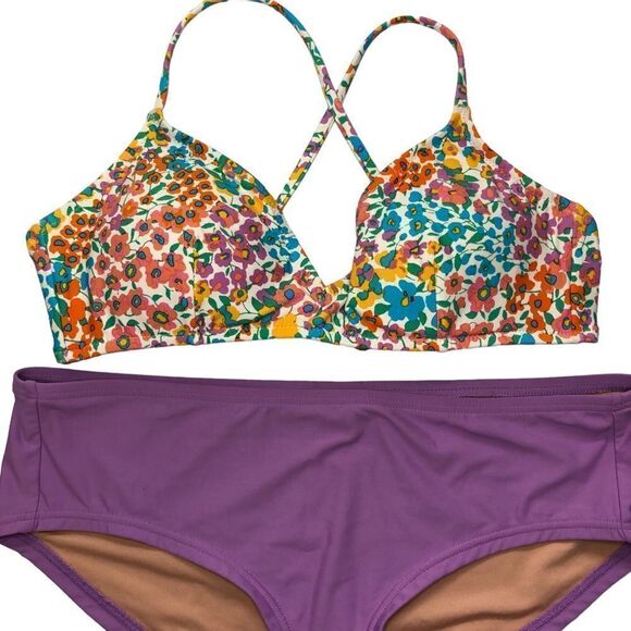 J Crew Bikini Top/Bottom Rainbow Bloom Matching Solid Lilac Bottoms Med/Small - Picture 3 of 13